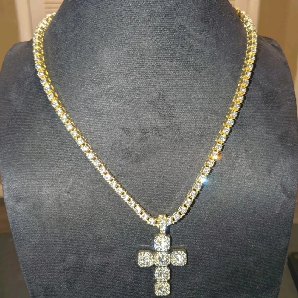 14k Yellow Gold Plated Lab Created Diamond Cross Pendant Tennis Necklace 18